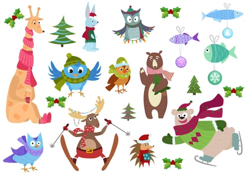Set of adorable christmas winter animals and fish with colorful decorations.