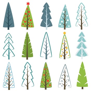 Different Christmas tree set, vector illustration. Can be used for greeting card, invitation, banner, web design.