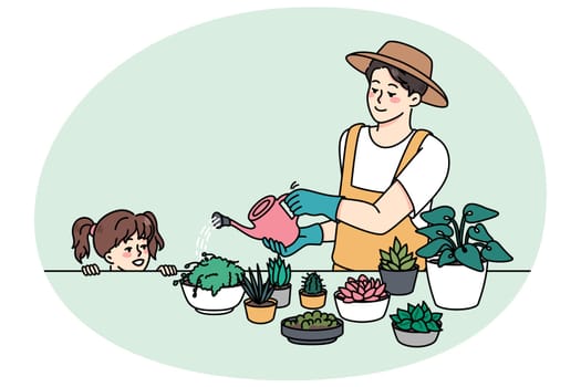 Young father gardener with small daughter enjoy watering plants at home. Smiling dad and little girl child do gardening and household chores together. Vector illustration.
