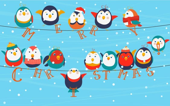 Birds on wires. Merry Christmas words the greetings card.