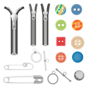Steel metal zipper and sewing tools accessories collection. Realistic buttons and zippers set.