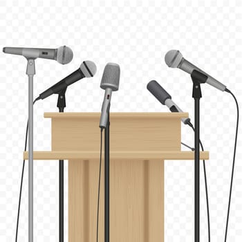 Press conference speaker podium tribune with microphones on the alpha background.