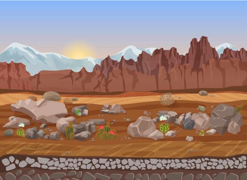 Cartoon prairie dry stone desert landscape with cactus, mountains, rocks and sand.