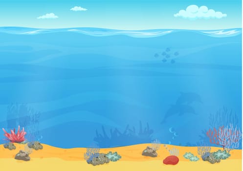 Cartoon sea bottom background for game design. Underwater empty seamless landscape.