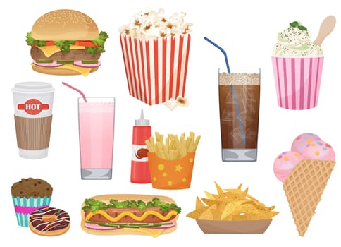 The set of vector illustrations of the different appetizing fast food. Fast food icons menu set.