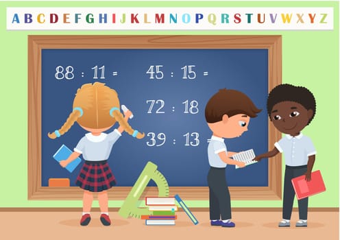 Kids pupils in classroom near school board chalkboard background vector illustration. Cartoon vector illustration.