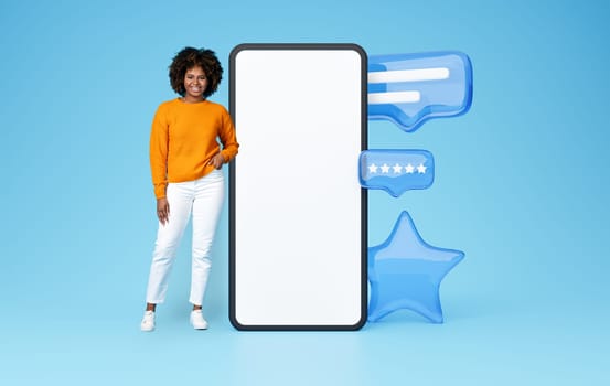 Black Lady Standing Near Cellphone With Rating Icons, Blue Background