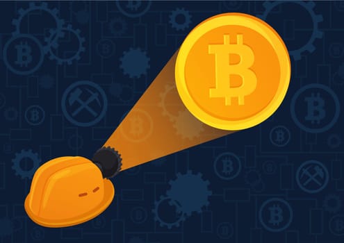 Vector illustration of hardhat lighting yellow bitcoin cryptocurrnecy. Blockchain abstract concept.