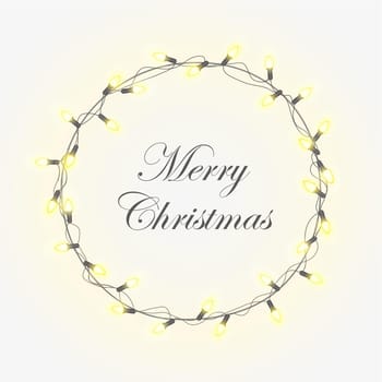 Christmas light vector background with bright realistic modern wreath garlands. Christmas smooth and soft glowing lights. Merry Christmas lettering.