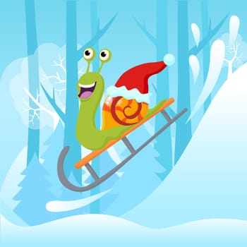 Vector illustration of snail with Christmas hat riding sledge on snowy hill.