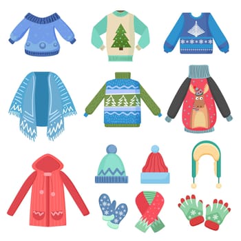 Set of christmas design warm winter clothes. Scarf, winter hat, coat and hats, jacket and gloves. Winter fashion vector illustration.