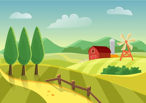 Cartoon vector farm landscape field with farmers building, large field farming striped. Farm flat landscape