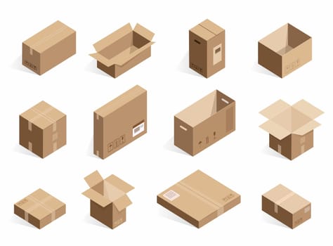 Isometric realistic cardboard delivery boxes. Opened, closed logistic box isolated on the white background.