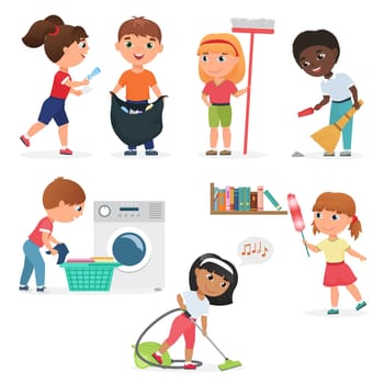 Vector Cartoon kids cleaning at home set. Children in various cleaning positions.