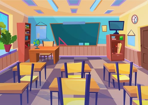 Empty vector flat cartoon school class room interior with board desk.