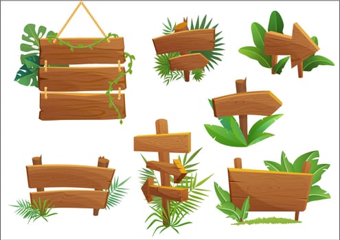 Jungle rainforest wood sign with tropical leaves with space for text. Cartoon game vector illustration.