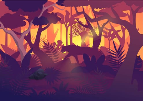 A high quality horizontal tropical rainforest Jungle background with tiger jaguar.