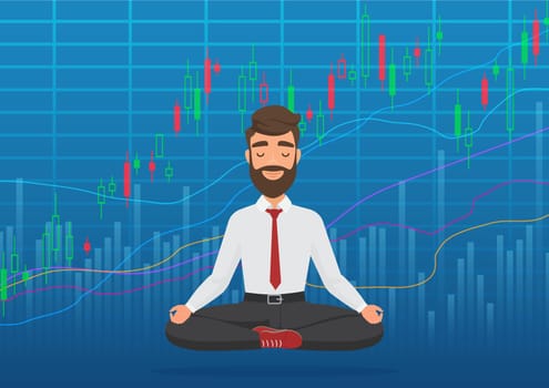 Happy man trader meditating under rising crypto or stock market exchange chart. Business trader, finance stock market graph concept. Growing bullish stock Market. Balance feeling.
