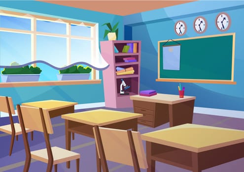 Modern gradient flat vector illustration of cartoon empty school classroom interior. Education class room school concept background.
