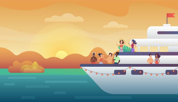 Smiling people friends making party on yacht ferry ship at sunset. Ocean vacation, sea travel and friendship concept vector illustration
