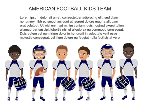 Vector Cartoon school american footbal kids team in uniform isolated.