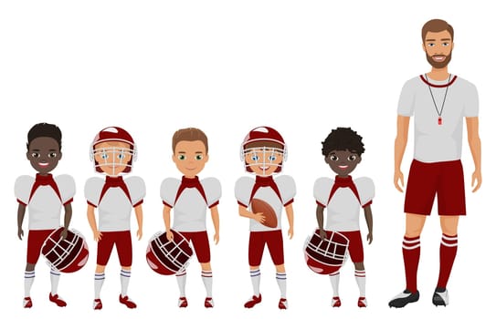 Vector Cartoon flat school american football boys team standing with their coach trainer.