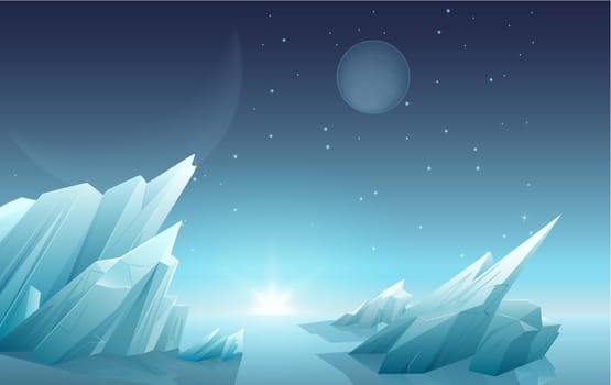 Sunrise on another alien planet landscape with ice rocks, planets, stars at sky. Galaxy space nature panorama.