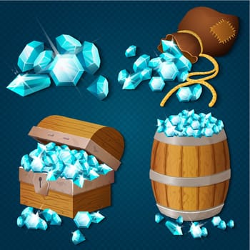 Old wooden chest, barrel, old bag with gems diamonds. Game style treasure vector illustration.