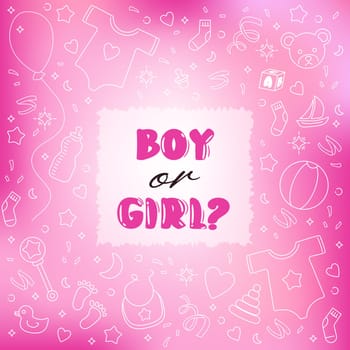 Gender Reveal Party Boy or Girl Pink square background banner for baby shower.