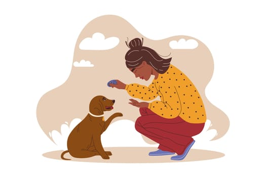 Girl plays with her dog with a brushing toy. Dog dental health. Canine teeth health concept. Vector illustration