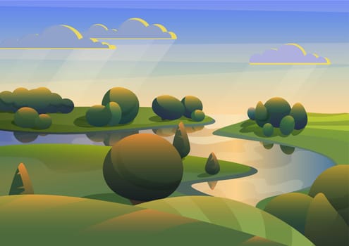 A flowing river with green meadows hills landscape vector illustration