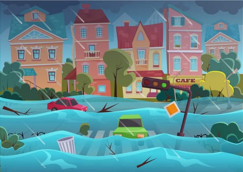 Flood natural disaster in cartoon city concept. City floods and cars with garbage floating in the water. Storm city landscape background for poster or card.
