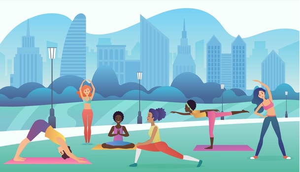 Group of women doing yoga in the park with modern city background. Trendy gradient color vector illustration.