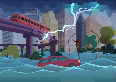 Flood and storm natural disaster in modern city. City floods and cars floating in the water. Huge lightning breaks the subway high way building.