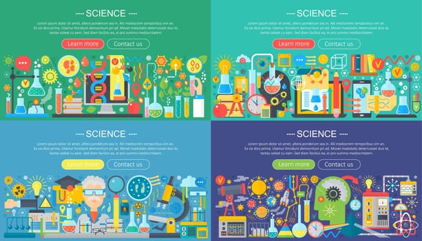 Science, laboratory flat color templates set. Vector chemistry infographic concept background for flyear, magazines, posters, book cover, banner.