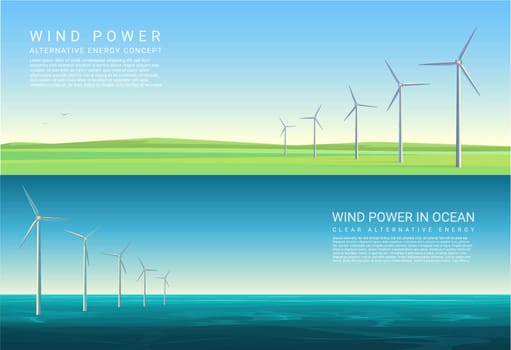 Energy horizontal concept backgrounds with wind turbines in green meadow field and ocean sea.