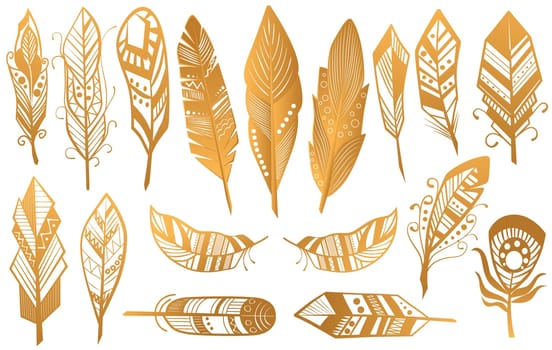 Golden Luxury Tribal Feathers set. Gold boho ethnic collection isolated.