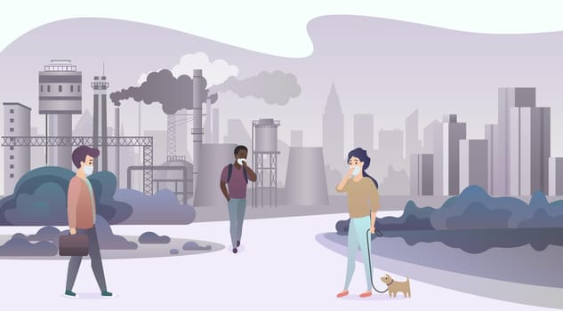 Unhappy sad people wearing protective face masks and walking near depressive factory pipes city with smoke on background. Industrial smog, air pollution and pollutant fog gas vector illustration.