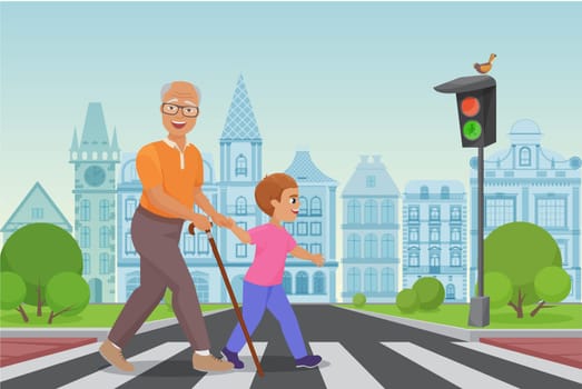 Helping senior old man. Little boy helps an old man to cross the road in city vector illustration.