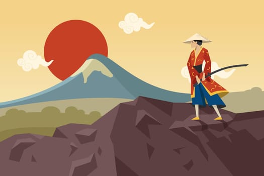 Asian warrior with sword walking in mountains and admiring Sun
