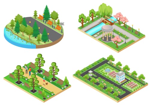 3d Isometric cartoon style green city public park concepts set vector illustration.