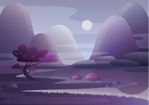 Violet tree growing on shore of bubbling lake against hills and evening sky with moon. Japanese style landscape vector illustration.