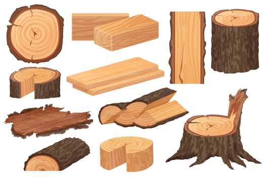 Wood industry raw materials. Realistic high detailed vector production samples. Tree trunk, logs, trunks, woodwork planks, stumps, lumber branch, twigs.