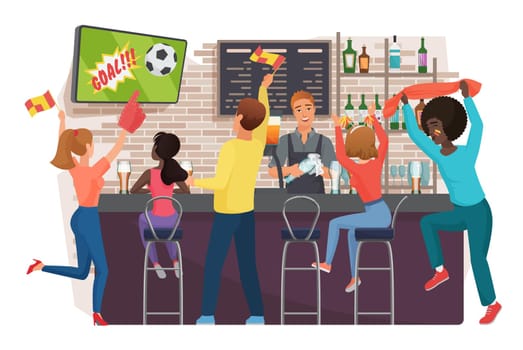 People watching football and celebrating in bar flat vector illustration. Friends watching football match, bartender standing at sport bar stand cartoon characters. Football fans in bar back view.