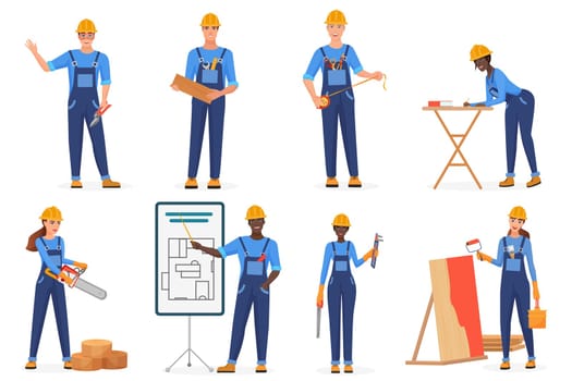Builders in uniform flat vector characters set. Construction workers in blue jumpsuits and hardhats. Cartoon engineers, architects, repairmen at work. Women breaking stereotypes. Racial equality idea