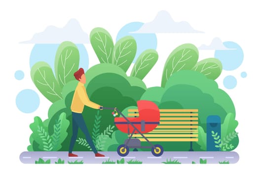 Single father with pram flat vector illustration
