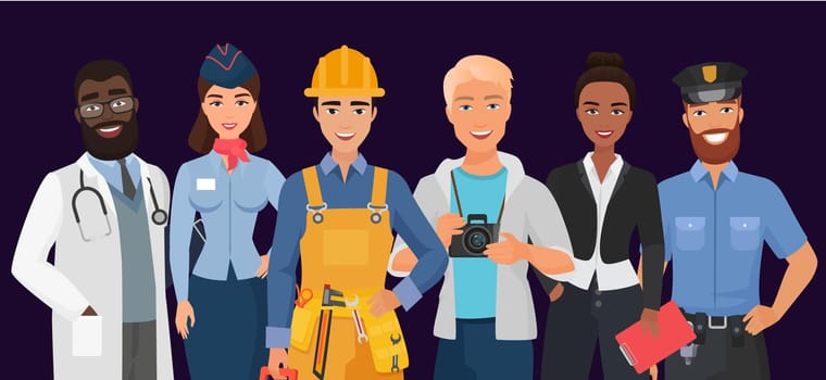 Collection of men and women people workers of various different occupations or profession wearing professional uniform set. Doctor, stewardess, builder, photographer, business woman, police officer.