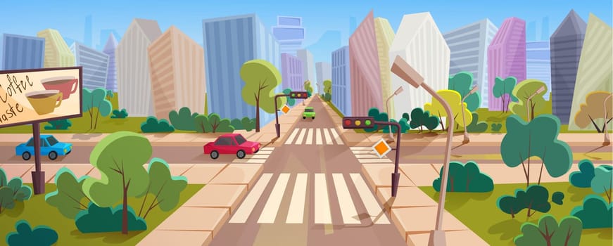 Crossroad and cityscape at big modern city cartoon panorama vector illustration concept