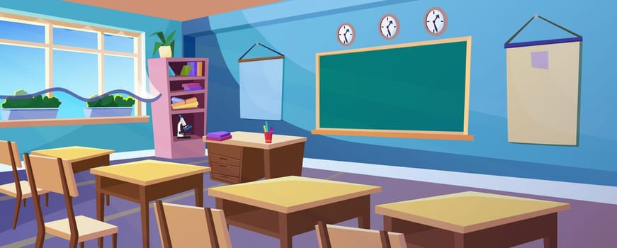 Secondary school empty classroom panoramic interior cartoon panorama vector illustration. Class room panorama with big clear window, plants, comfortable wooden desks, chairs and blackboard.