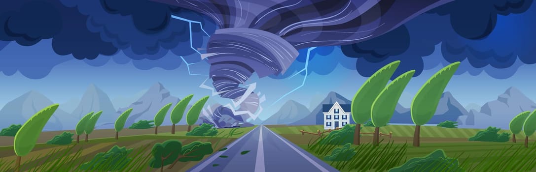 Storm with tornado flat cartoon panorama landscape vector illustration background. Panoramic Nature catastrophe in fields with road to mountains. Cyclone hurricane natural disaster